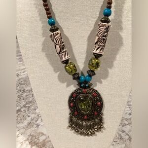 Artisan Necklace Boho Style with Turquoise, Brown, Beads and Faux Amber Pendant